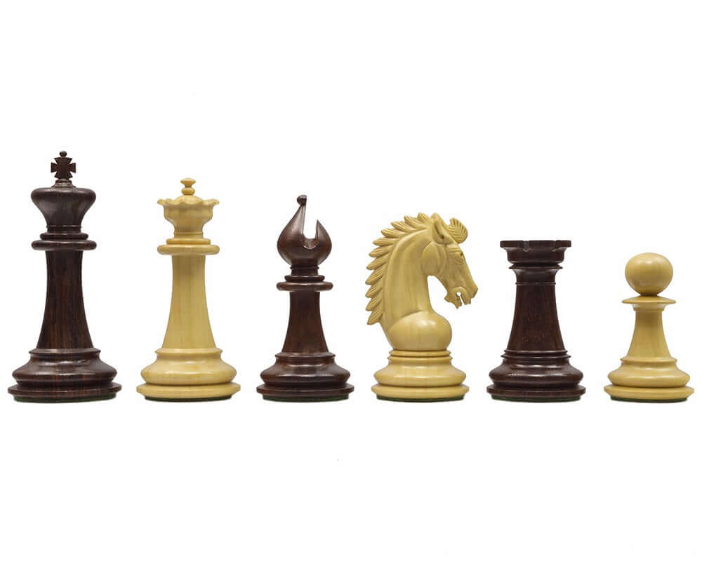 Expertly crafted Sheffield Knight Rosewood Chessmen set with ornate 3.75 inch King, additional Queens, and weighted bases for perfect balance