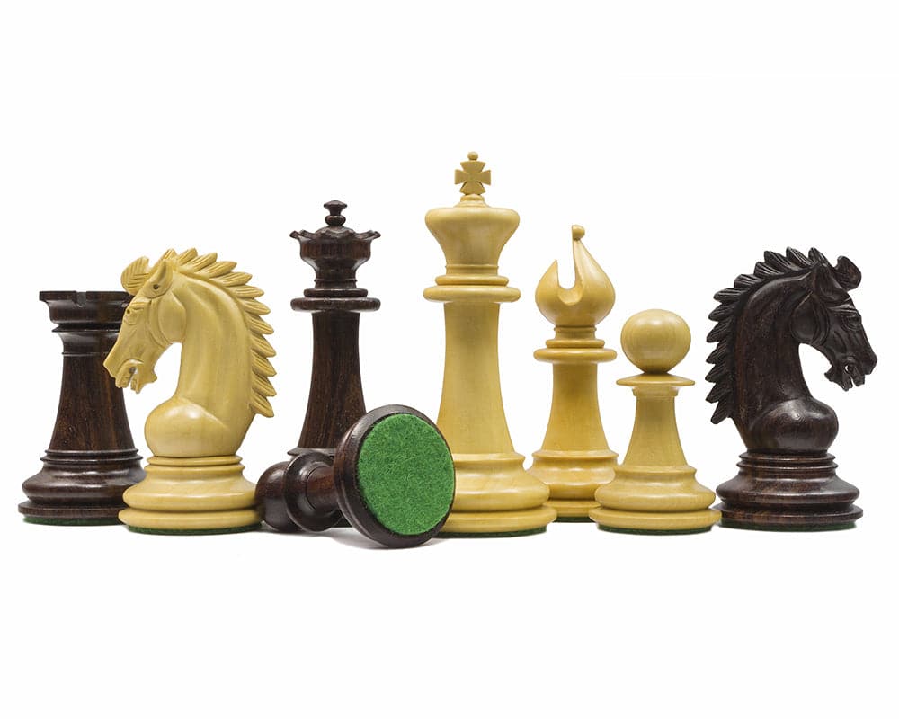 The Sheffield Knight Rosewood Chessmen set featuring a 3.75 inch King, two Queens, and intricately detailed knights, ideal for 19 inch board.