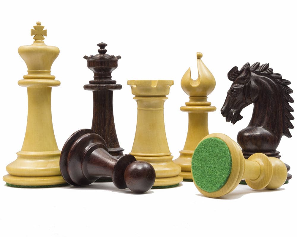 The Sheffield Knight Rosewood Chessmen 3.75 inch set with beautifully ornate pieces, including a captivating knight and weighted bases.