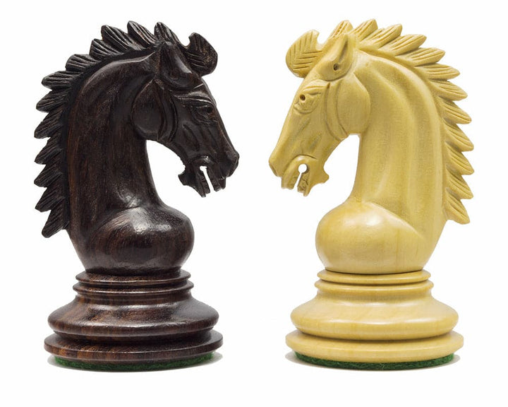 Rosewood and boxwood Sheffield Knight chess pieces with intricate detail on white background.