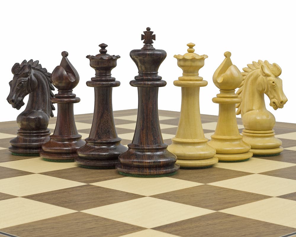 The Sheffield Knight Rosewood Chessmen set with 3.75 inch King, two Queens, and detailed knights on a 19 inch chessboard