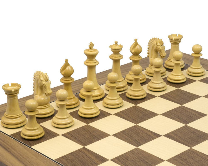 Sheffield Knight Rosewood Chessmen on 19-inch board with 3.75-inch King, weighted for balance, ornate and expertly crafted, elegant chess set.