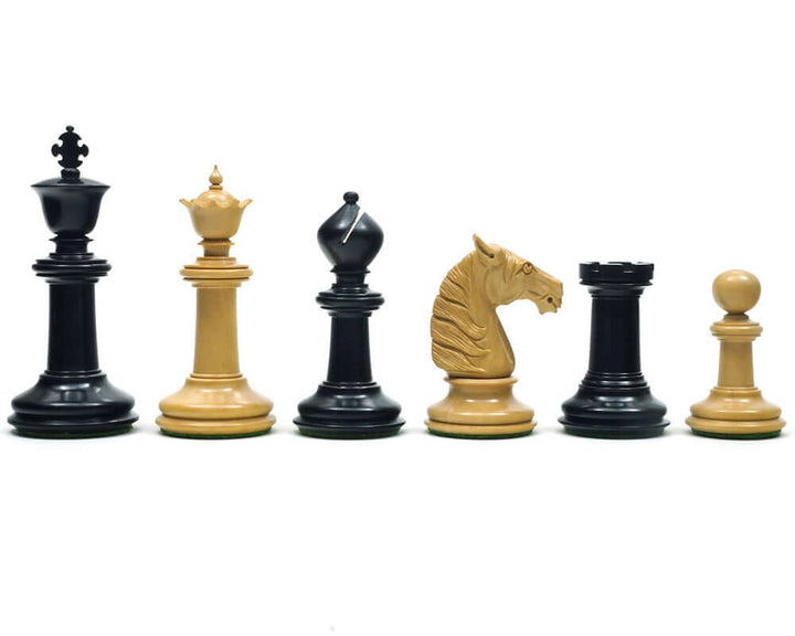 Traditional Staunton Ebony Bath Chessmen 3.75 inch full set, hand carved solid ebony and boxwood pieces, luxury chess set detailed view