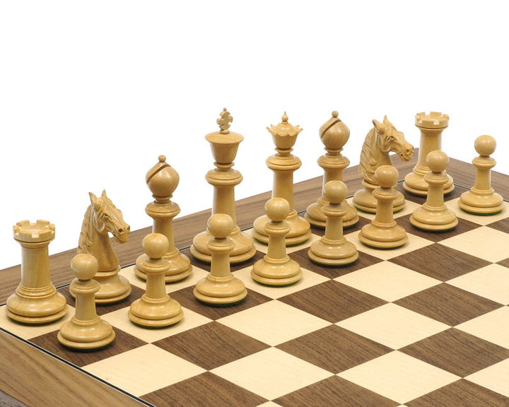 Traditional Staunton Ebony Bath Chessmen 3.75 inch set on chessboard.