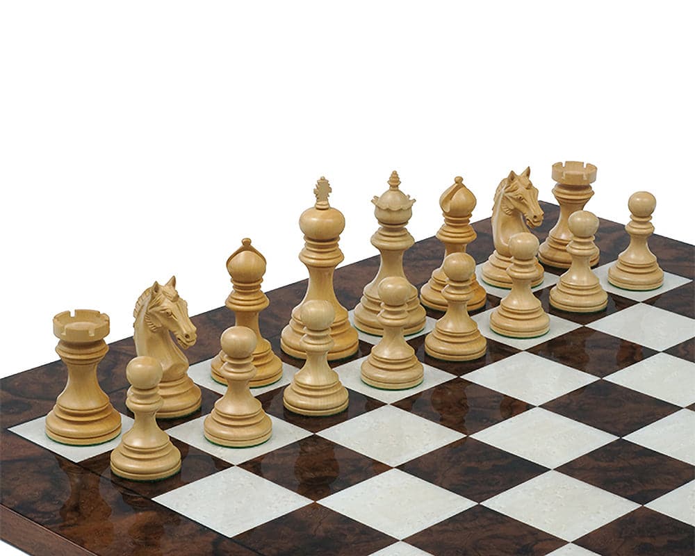 Rosewood chess set with meticulously crafted 4 inch pieces on a 21 inch board, inspired by 16th century Indian history and Mughal Emperor Akbar.