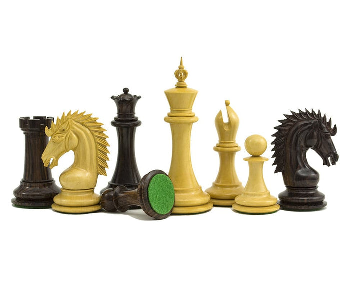 Sheffield Knight Rosewood Chessmen featuring 4.25 inch King, Queens, and intricately crafted pieces with billiard cloth bases.