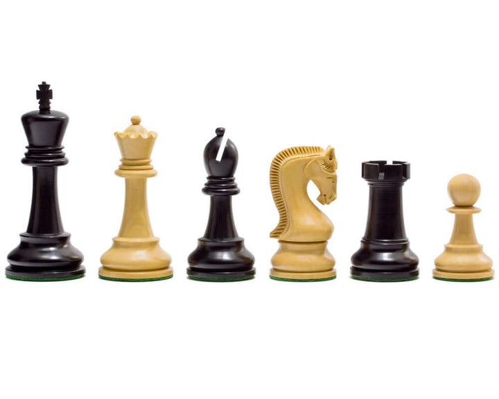 Leningrad Series Ebonised Chess Men 4 inch, featuring quality black and natural pieces crafted from boxwood, weighted and felted with a 4 inch king.