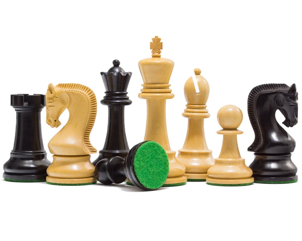 Leningrad Series Ebonised Chess Men 4 inch set with ebonised boxwood and natural finish pieces, featuring a 4-inch king and felted bases