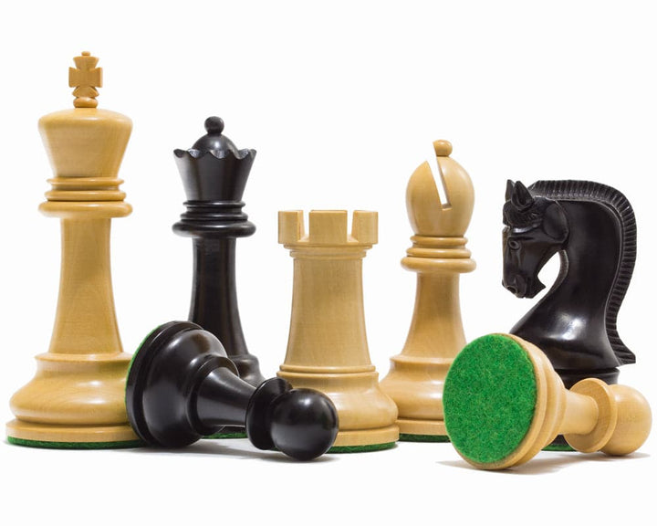 Leningrad Series Ebonised Chess Men 4 inch pieces crafted from ebonised boxwood with weighted and felted bases, ideal for 20 inch board