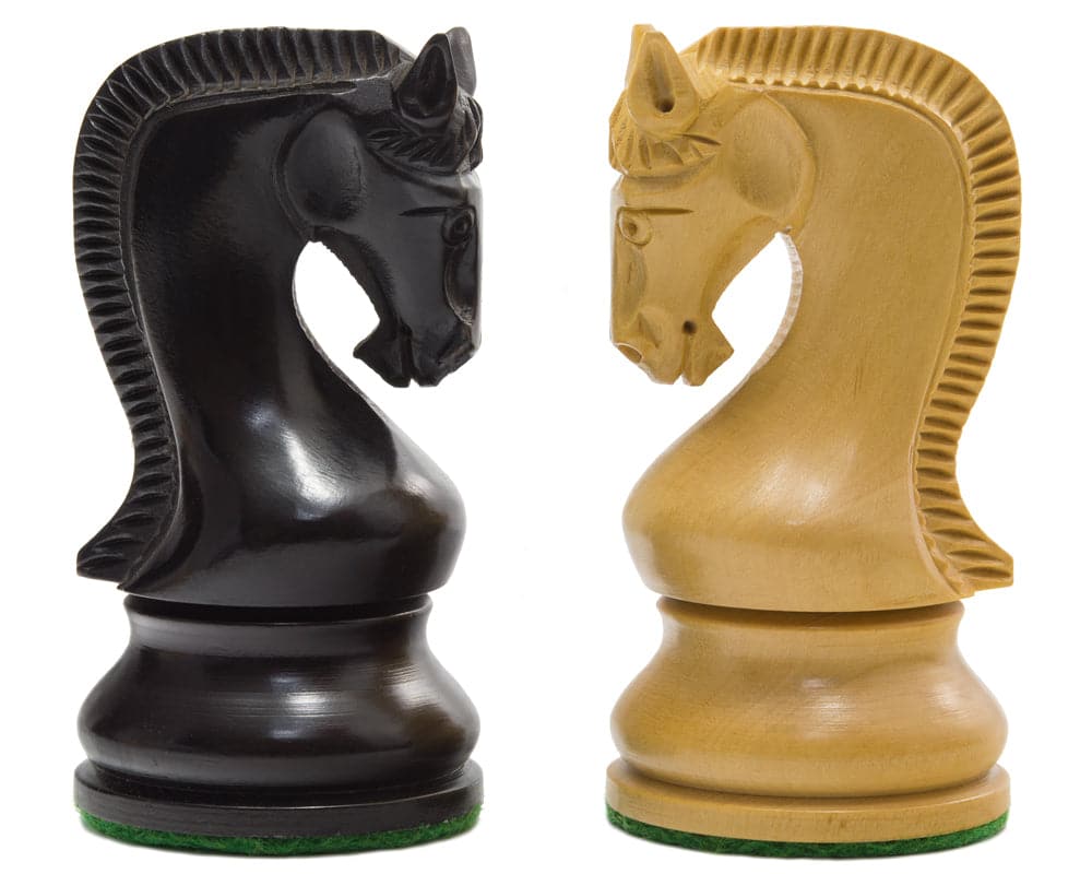 Black and natural wood knights from the Leningrad Series Ebonised Chess Men set, crafted from ebonised boxwood.