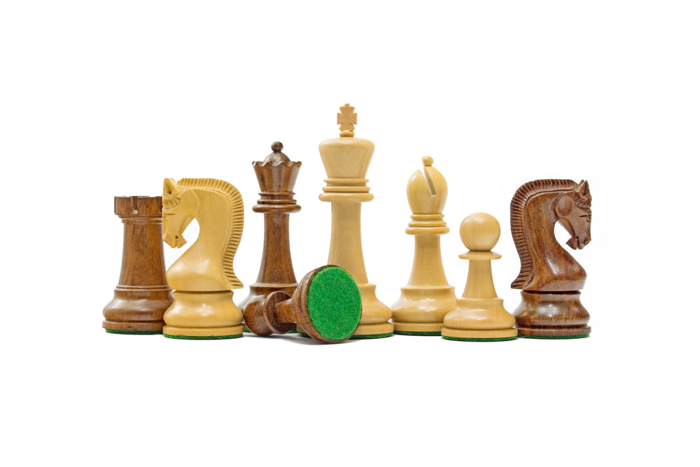 Leningrad Series Acacia Chess Men with 4 inch King, including additional queens, ideal for 20 inch or larger boards, featuring handcrafted, weighted pieces