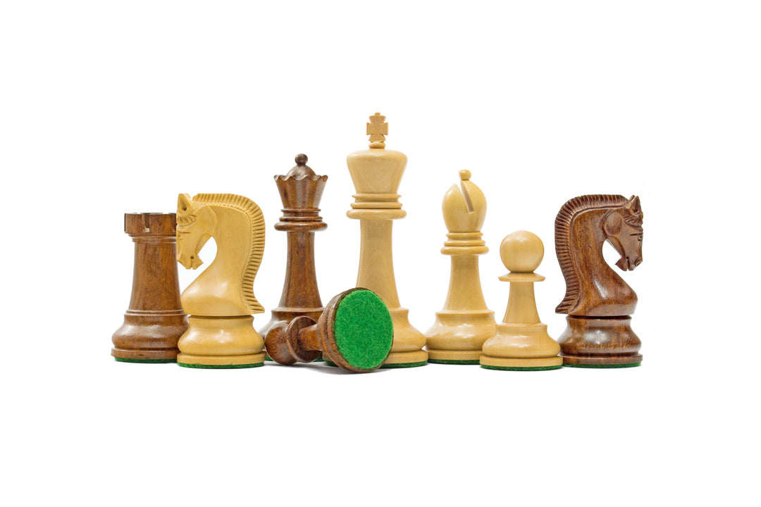 Leningrad Series Acacia Chess Men with 4 inch King, including additional queens, ideal for 20 inch or larger boards, featuring handcrafted, weighted pieces