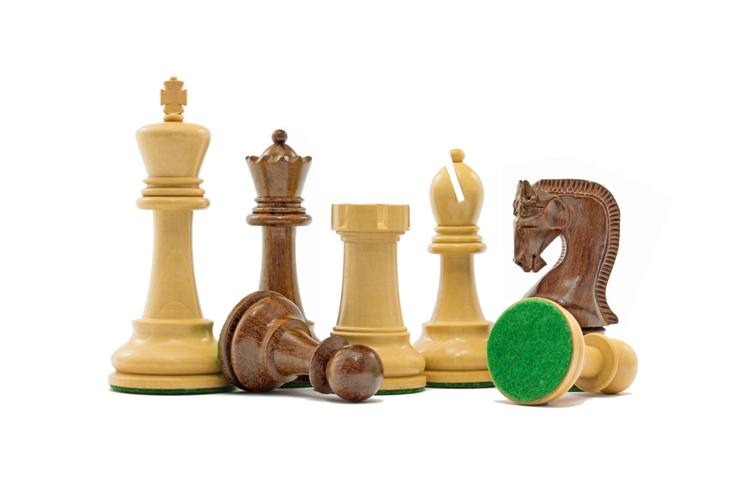 Leningrad Series Acacia Chess Men set, showing large weighted and felted pieces crafted from acacia and ebonised boxwood, including a 4-inch king