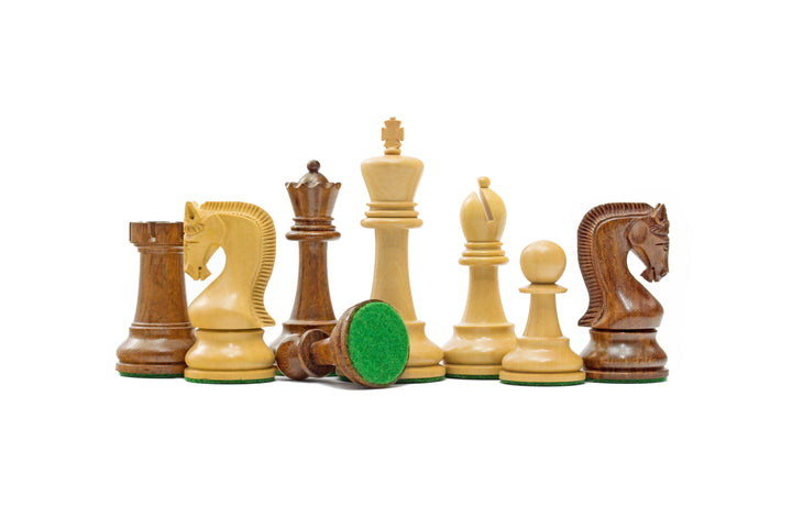 Leningrad Series Acacia Chess Men 4 inch set featuring handcrafted acacia, ebonised boxwood, and anjan chess pieces with a 4-inch king