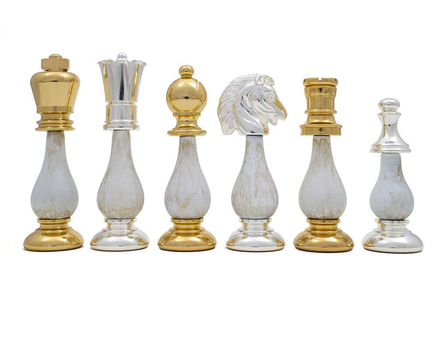 The San Severeo gold and silver plated chessmen featuring beautifully crafted Italian pieces with a 3.75" king suitable for a 17" board