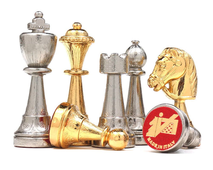 The Messina Gold and Silver Plated Italian Chessmen with exquisite detail and weighted bases covered with billiard cloth.