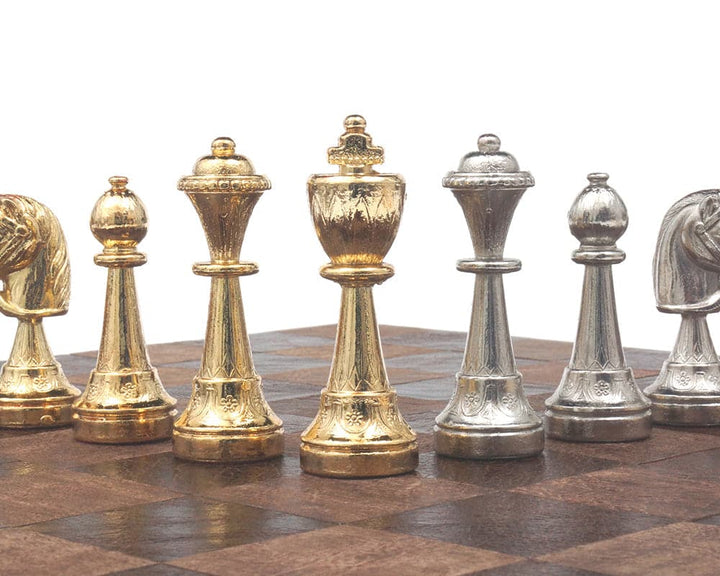 Gold and silver plated Italian chessmen with exquisite detail and 3-inch king on a wooden chessboard