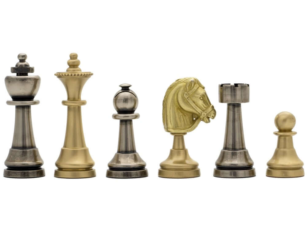 Turin metal chess pieces by Italfama, brass and nickel-plated, with superb detail and perfect balance, 2.8-inch king, classic Staunton design