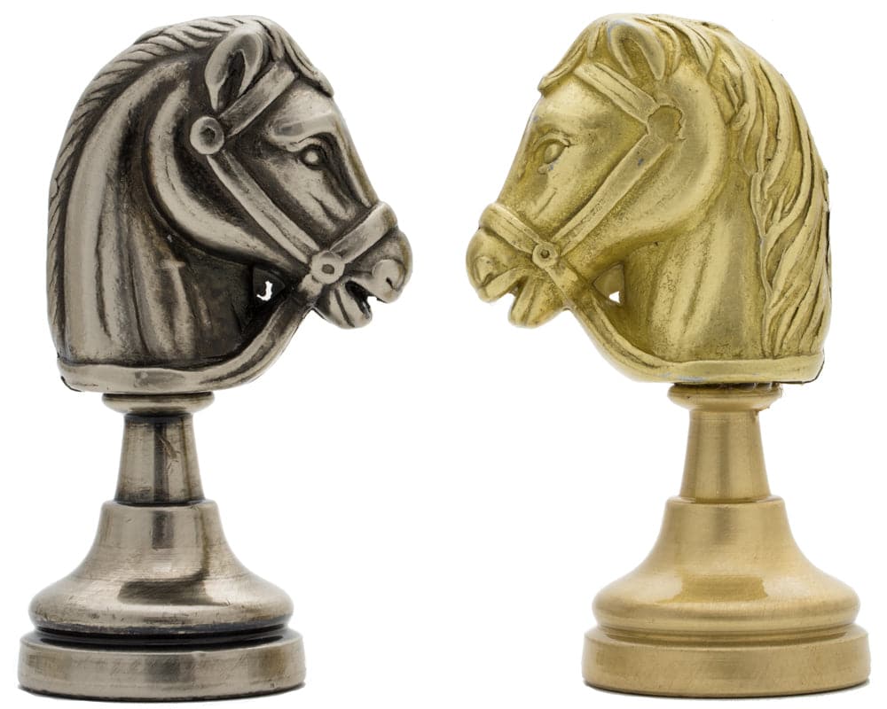 Brass and nickel-plated knight chess pieces from The Turin Metal Chess Men set by Italfama.