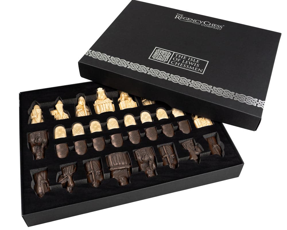 Regency Chess Official Lewis Chessmen Set in gift packaging with handcrafted pieces made in England, including two additional queens.