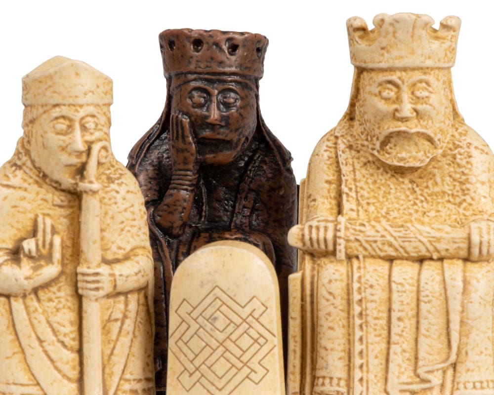 Close-up of Isle of Lewis official chessmen, medium size 2.75 inch, handcrafted and detailed reproductions in the UK.