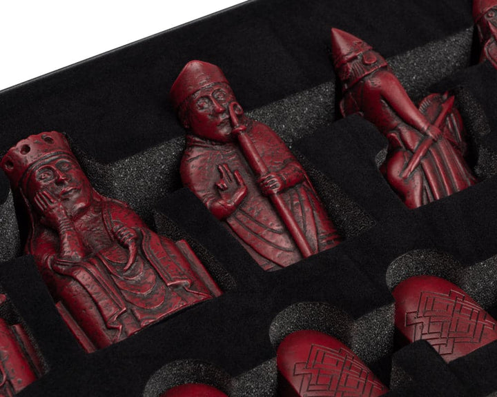 Isle of Lewis 3.25" Red Chessmen Official Ltd Edition Set in gift packaging showing intricately detailed chess pieces.