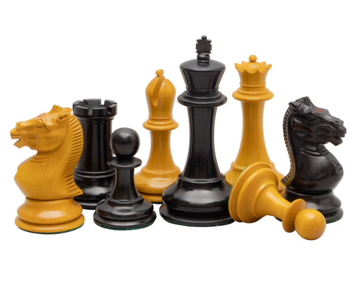 Harrwitz Black and Antiqued Reproduction Chess Men 3.5 inch set with hand-carved boxwood pieces, featuring ebonised and antiqued finish.