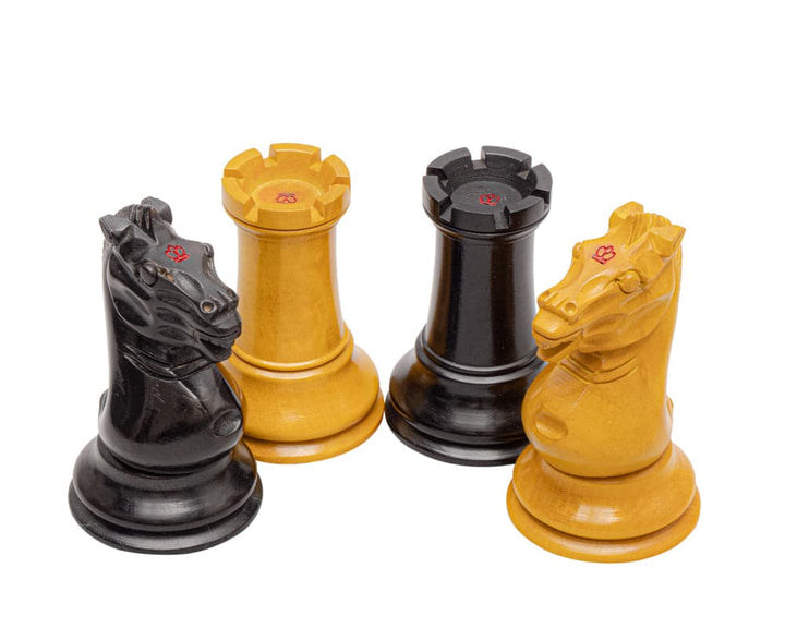 The Harrwitz Black and Antiqued Reproduction Chess Men 3.5 inch Knights and Rooks in Boxwood with Antiqued and Ebonised Finish