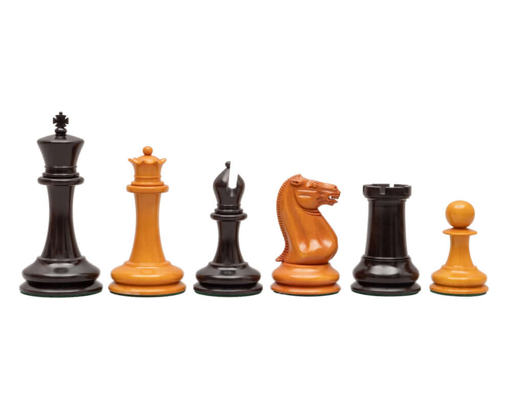 J J Cooke Edition Ebony and Antiqued Boxwood Chessmen set with 4.4-inch king and detailed, weighted pieces on broad felted bases.