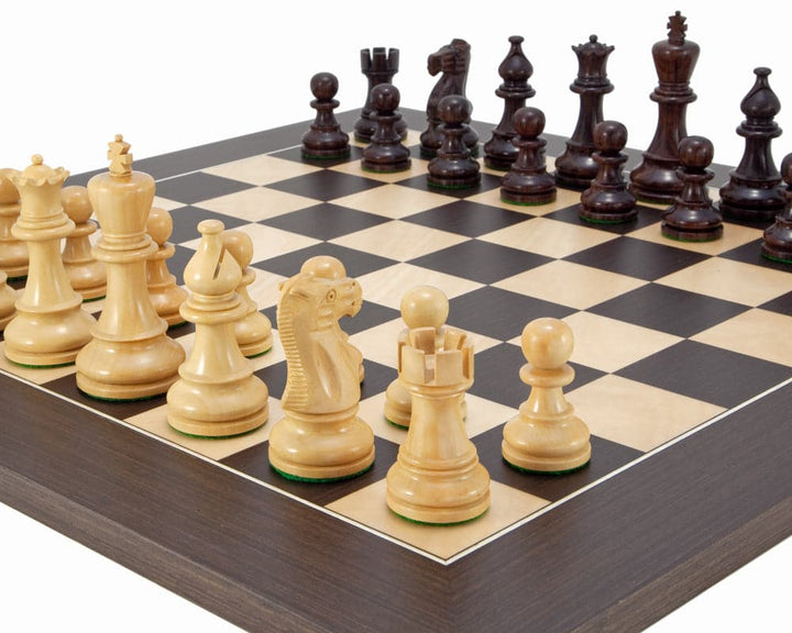 Atlantic Rosewood Chess Set with Staunton design and wenge board displaying intricately crafted chess pieces and luxurious finish.