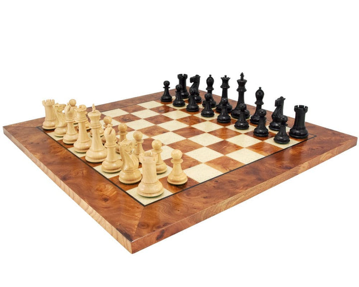 Handmade Victoria Burl Chess Set on Briarwood and Elm veneer board with black and white chess pieces, crafted in Italy