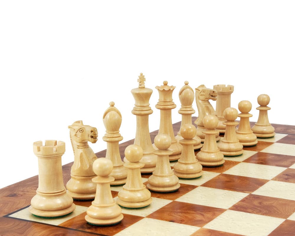 Elegant Victoria Burl Chess Set with briarwood and elm veneer, featuring hand-carved pieces on a mesmerizing satin lacquered board crafted in Italy