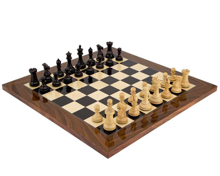 Elegant Palisander Chess Set with Classic Staunton design, handcrafted from solid ebony, on a high gloss palisander board with weighted pieces.