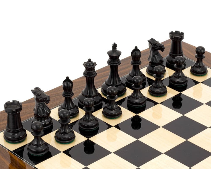 Elegant Palisander Chess Set with Staunton design pieces on a high gloss board, expertly handcrafted from solid ebony, 3 inch king.