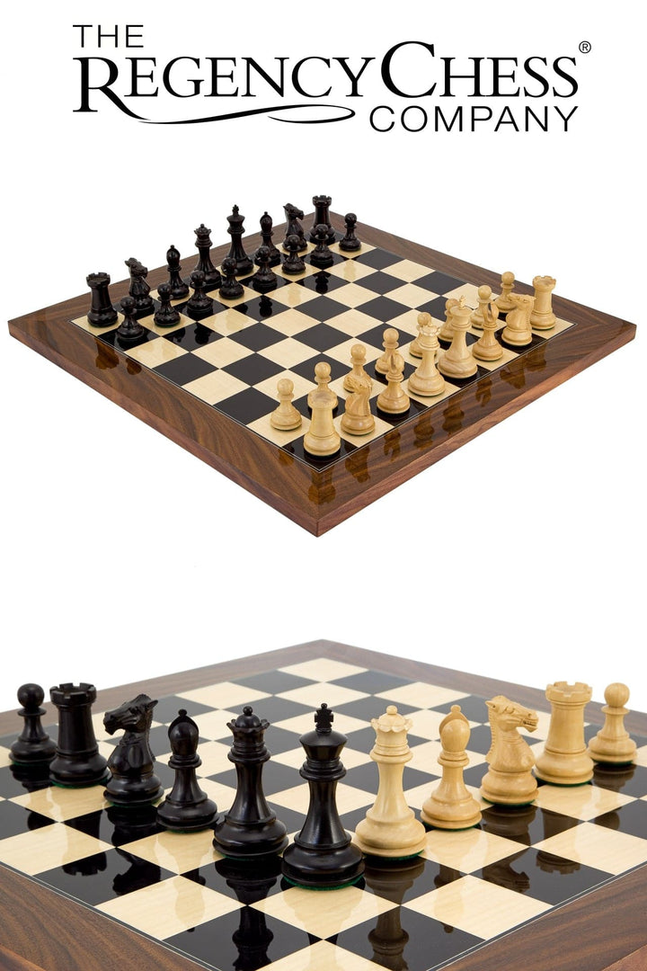 Elegant Palisander Chess Set with Classic Staunton Design and 3-inch King on Luxurious High Gloss Board.