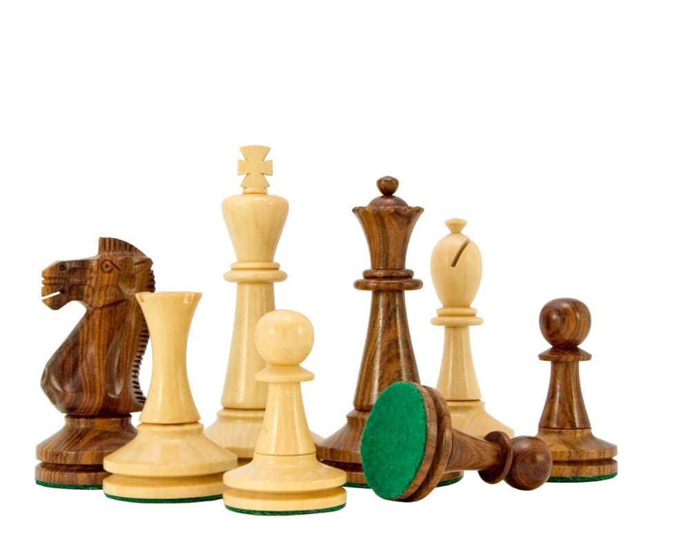 Expertly crafted Blackmore Sheesham and Mahogany Chess Set pieces on display, showcasing fine boxwood and sheesham wood grains.