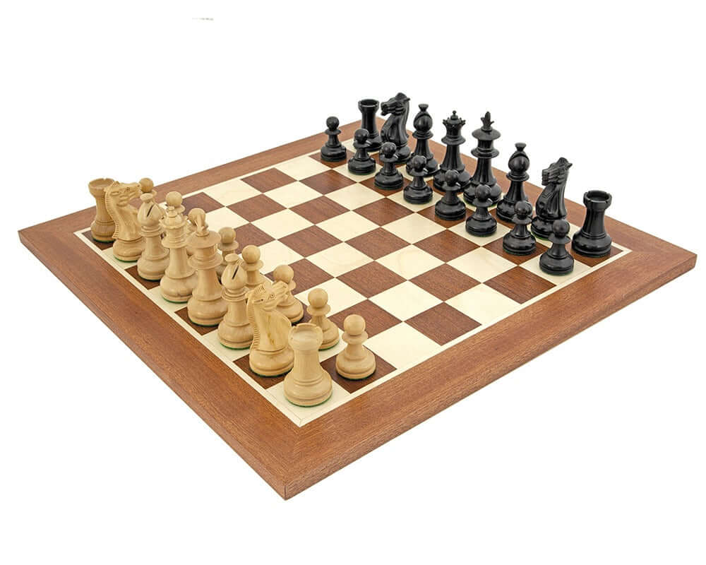 Royal Flower Mahogany Chess Set with ebonised boxwood and maple pieces on a European Mahogany chess board.