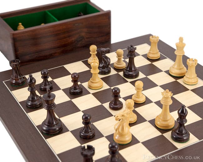 Rosewood and Wenge deluxe chess set with Staunton chess pieces on a wenge and maple board, featuring an elegant wooden case.