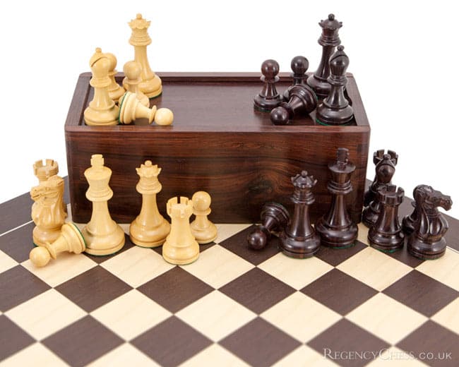 Rosewood and Wenge deluxe chess set with hand-turned Staunton chessmen on a 20-inch wenge and maple board.