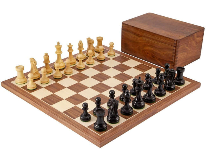 Supreme Ebony Tournament Chess Set with ebony Staunton pieces, Walnut and Maple board, and a Sheesham wood chess case.