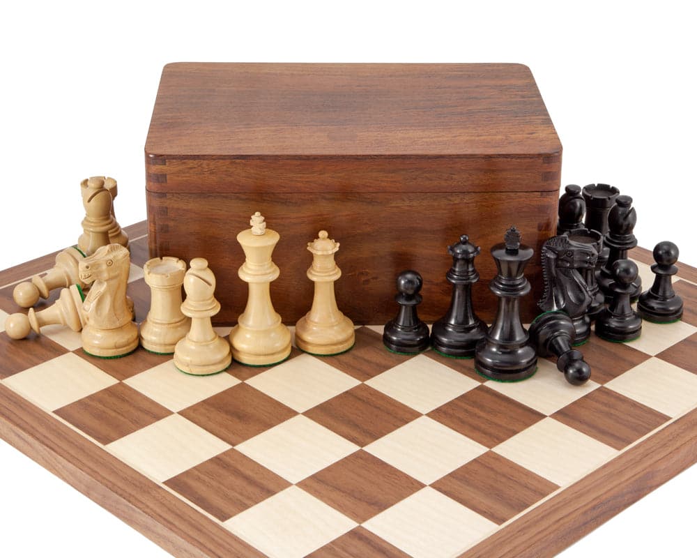 Supreme Ebony Tournament Chess Set with Staunton style ebony pieces on a Walnut and Maple chess board, accompanied by a Sheesham wood case.