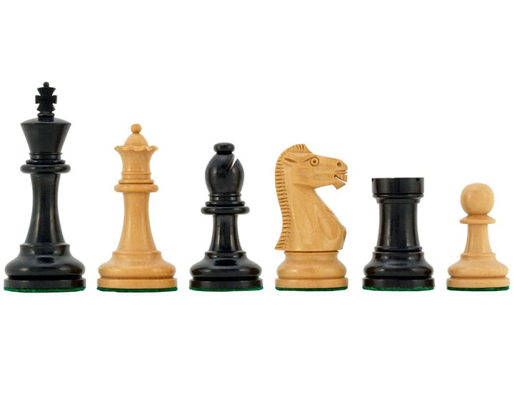 Supreme Ebony Tournament Chess Set with Staunton style ebony pieces displayed in a row on a white background.