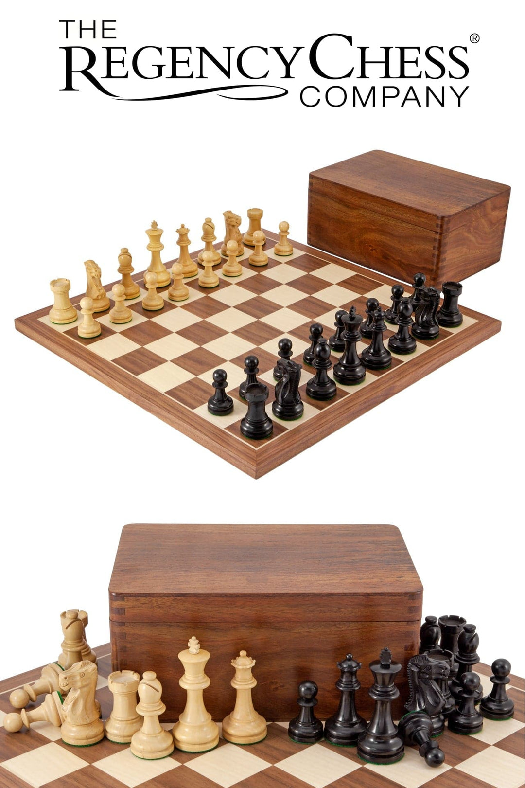 Supreme Ebony Tournament Chess Set with black and white Staunton pieces on Walnut and Maple board, next to Sheesham wood case.