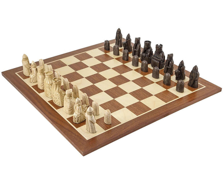 The Isle of Lewis Large Mahogany Chess Set with handcrafted pieces and a luxurious mahogany and maple board from Spain