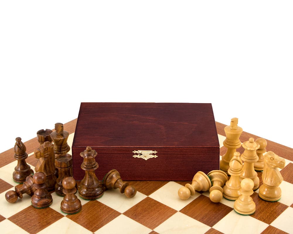 French Knight Sheesham Mahogany Chess Set with handcrafted wooden chess pieces and elegant mahogany and maple chess board with a wooden box display.