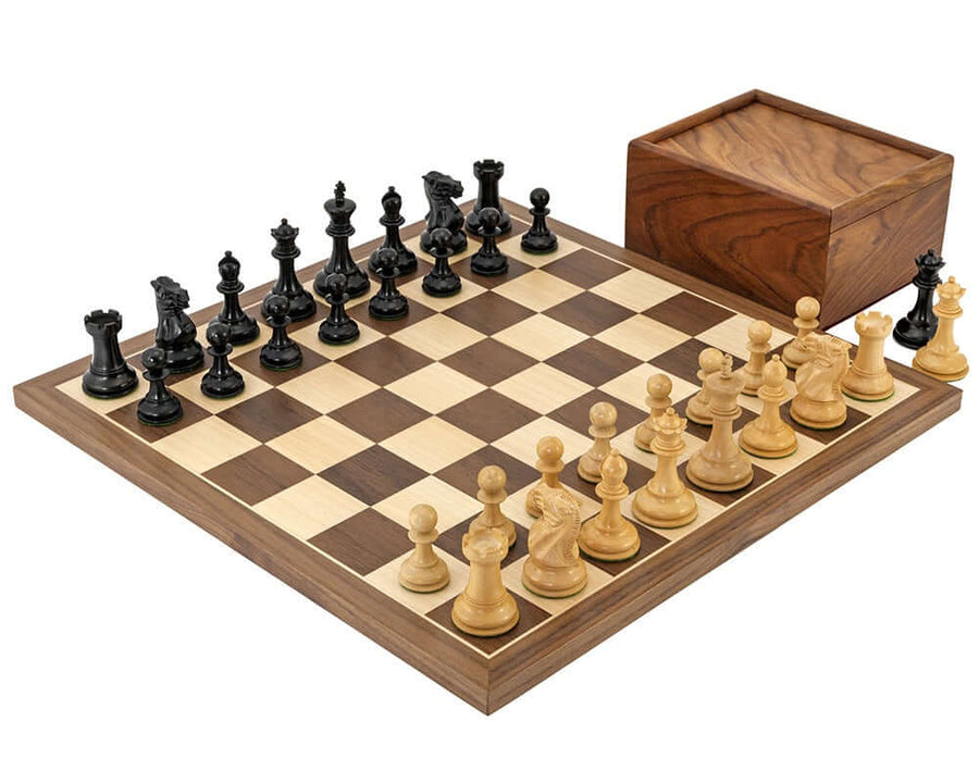 Competition Compact Walnut Chess Set with ebonised Staunton chessmen on walnut and maple board, complete with sheesham case.