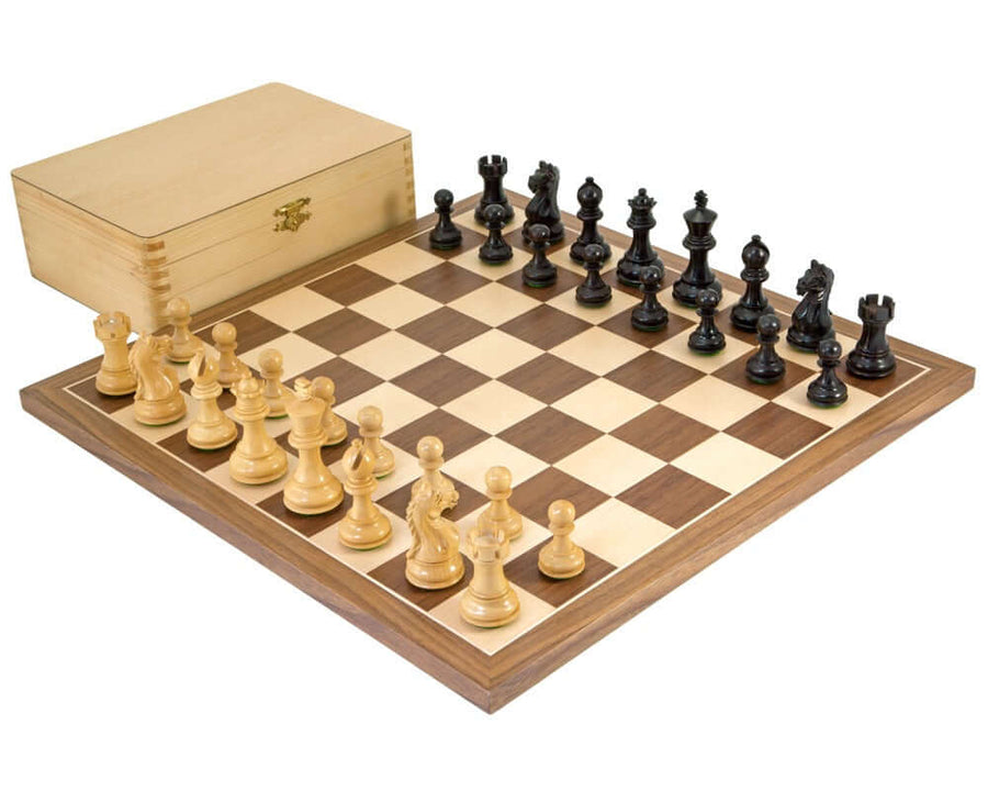 Fierce Knight Black Tournament Chess Set with 3-inch king on walnut and maple board, includes wooden storage box and weighted Staunton pieces.