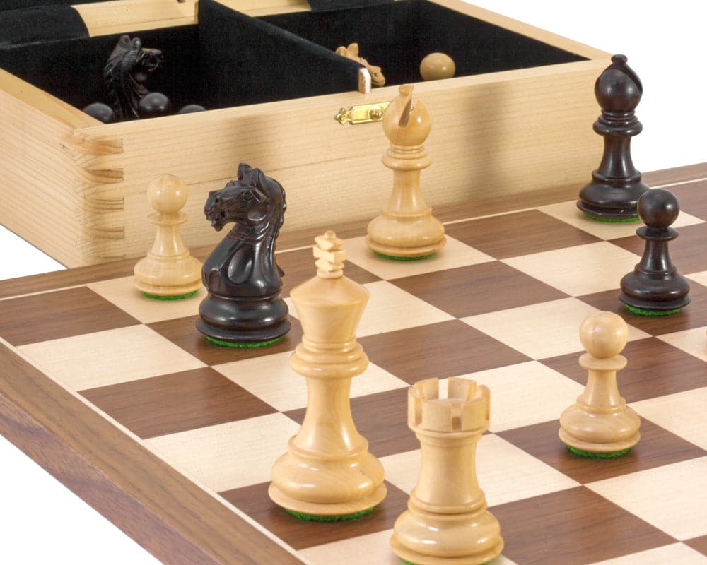 Fierce Knight Black Tournament Chess Set on walnut and maple board with wooden storage box