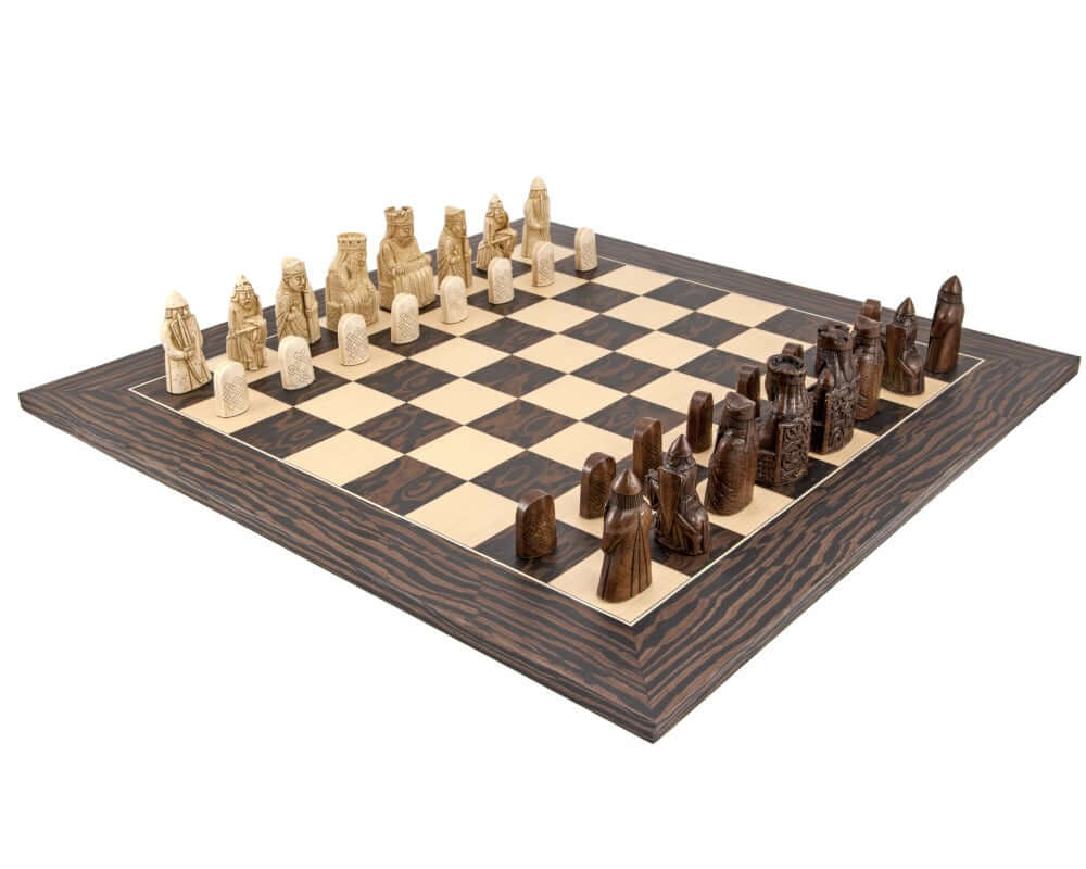 The Isle Of Lewis Tiger Ebony Chess Set with authentic replica chessmen and a stunning tiger ebony and maple chess board.