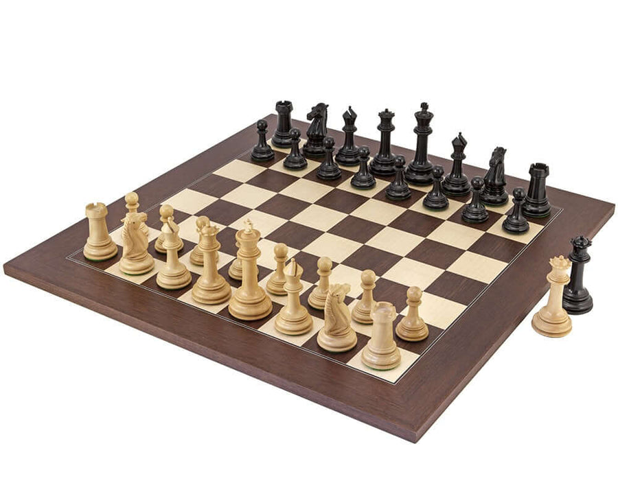 Parthenon Rosewood and Ebony Chess Set with luxury chessmen inspired by classical architecture on a high sheen polished board